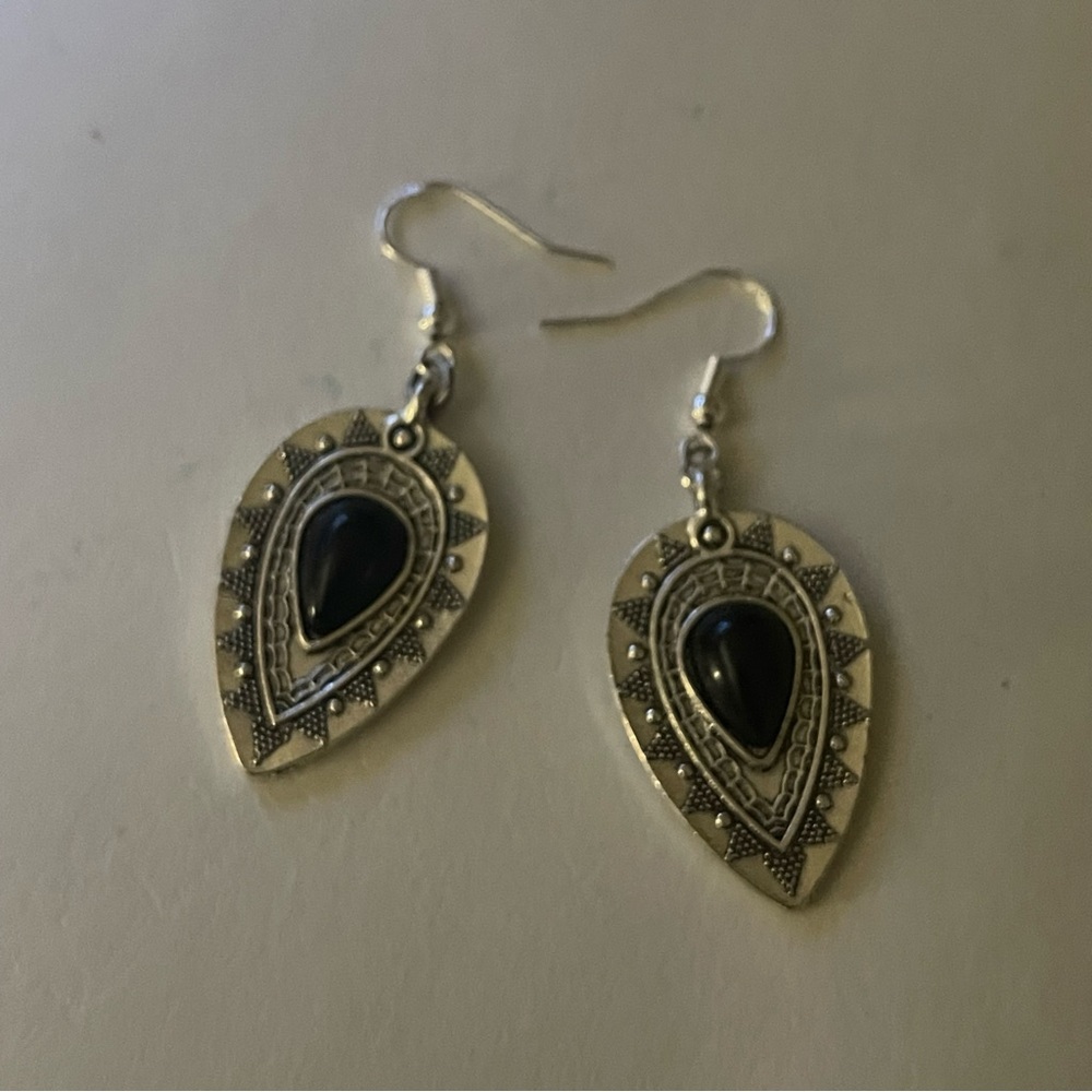 New S925 Sterling Silver Artisan Natural Polished Black Onyx Tibetan Earrings - Picture 10 of 13